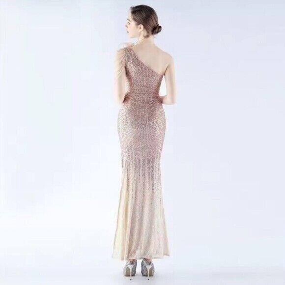 Gold, One Shoulder Beaded,Feather Neckline, Gradient Print, Sequined Gown - Picture 7 of 14